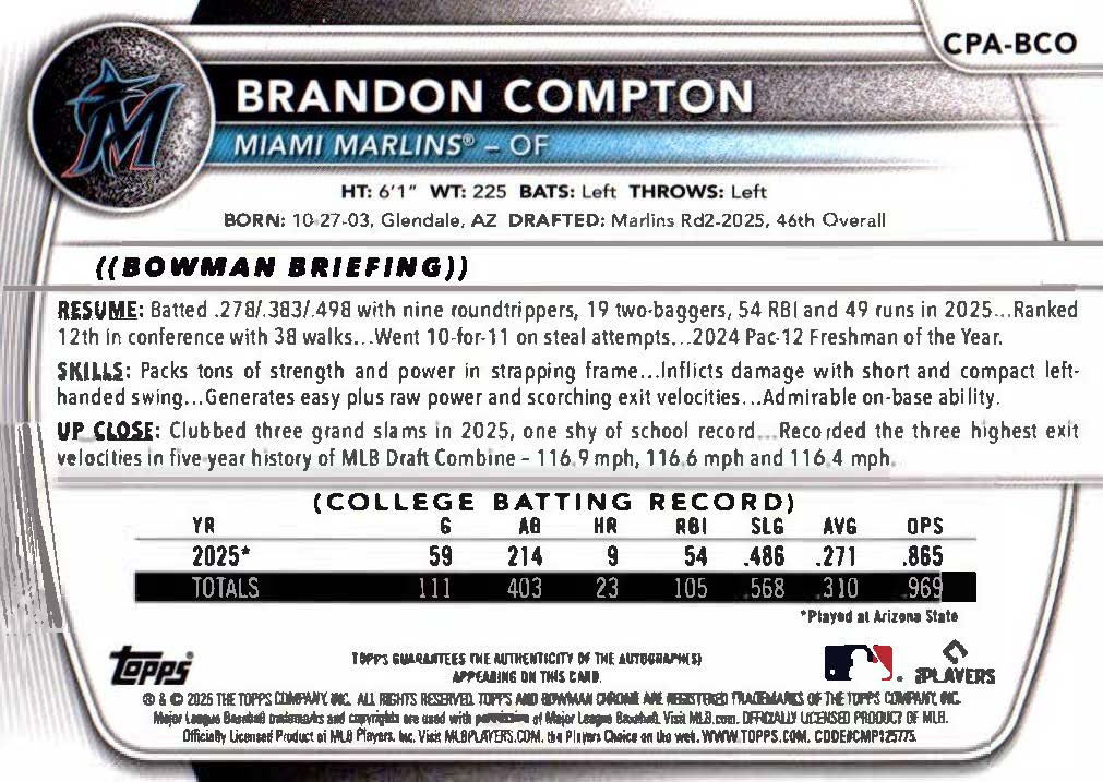Brandon Compton Auto Bowman Chrome Draft 2025
