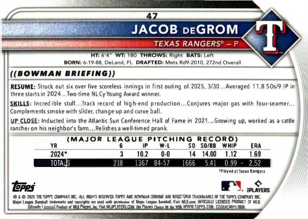 Jacob DeGROM Bowman Chrome 2025 - 85/99