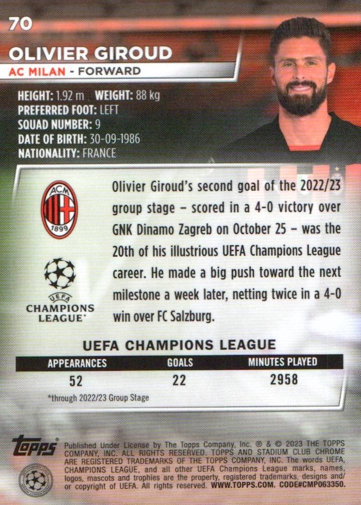 2022-23 Stadium Club Chrome UEFA Club Competitions #70 Olivier Giroud